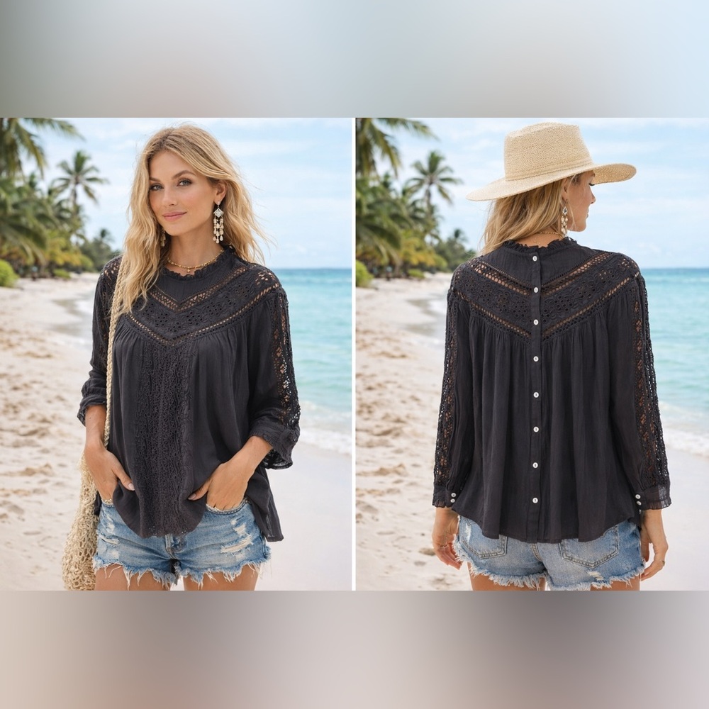 Sundance Black Crochet Eyelet Blouse Prairie Cottage Boho Victorian Peasant S
